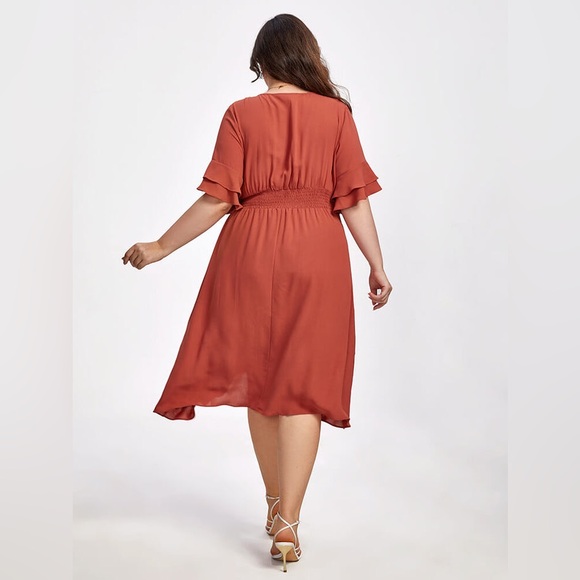 Faux Wrap Midi Dress Ruffle Short Sleeve Burnt Orange Size 2X - Picture 2 of 14